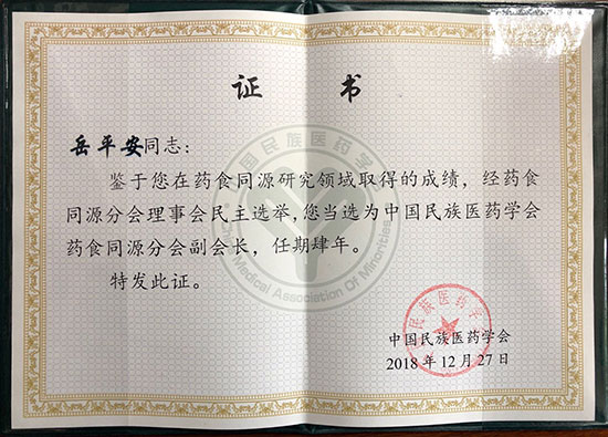 喜訊！恭喜岳平安董事長(zhǎng)榮獲“中國(guó)民族醫(yī)藥學(xué)會(huì)藥食同源分會(huì)副會(huì)長(zhǎng)”